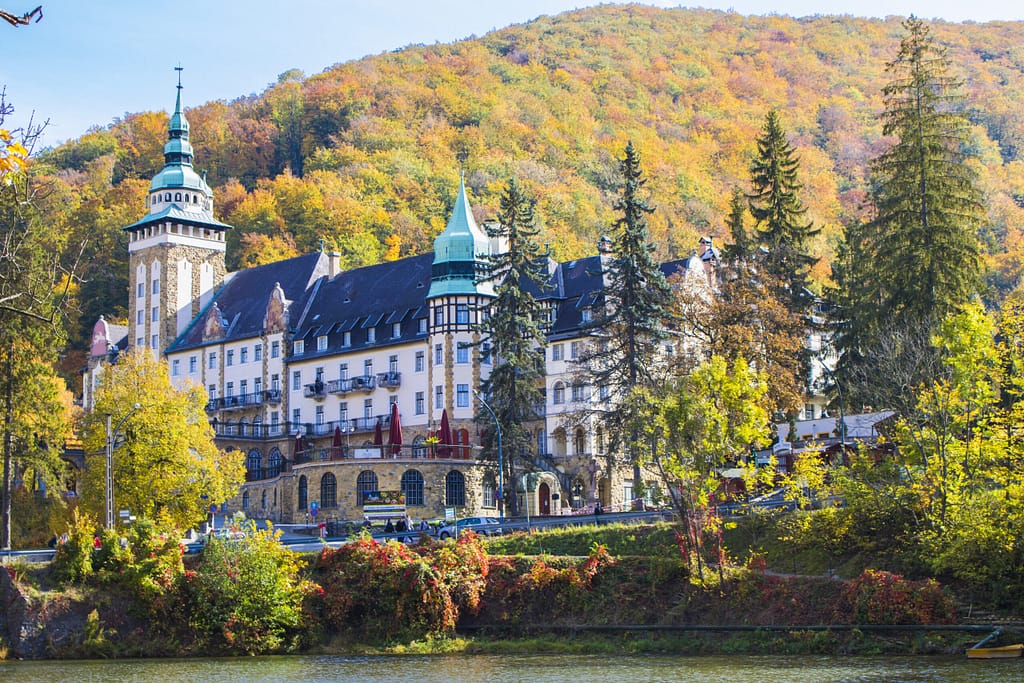 Lillafüred Palace Hotel surrounded by forested hills and scenic nature